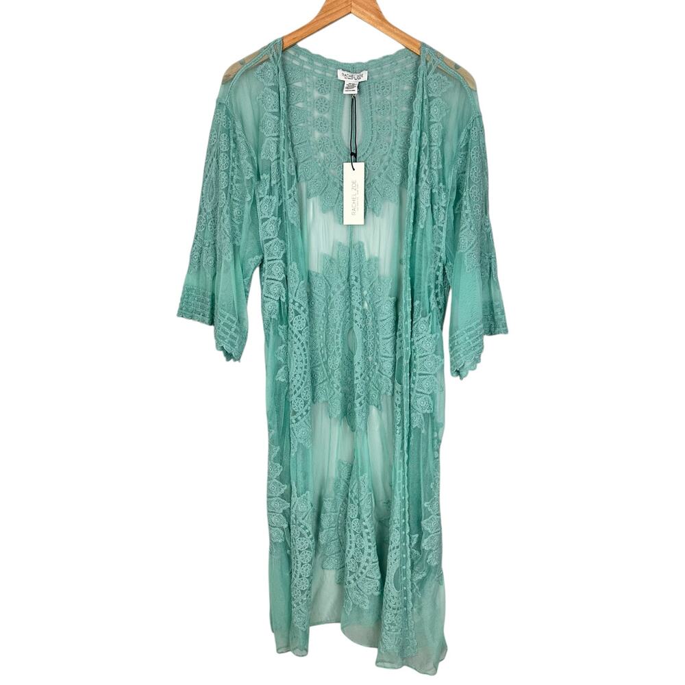 Rachel Zoe Embroidered Sheer Midi Kimono Turquoise One Size NWT Boho Festival - Picture 3 of 9